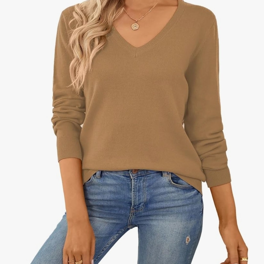 Elegant V-Neck Sweater in Tan